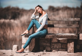 Patrik Valasek, model, brunette, jeans, women, short tops, short tops, flip flops, clouds, bench, sitting, women outdoors