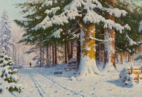 Walter Moras, Hunter in a winter forestoil,    ,   ...