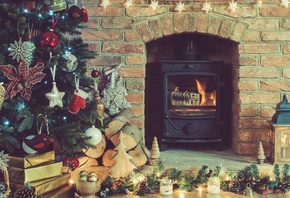 Christmas, decorated fireplace, Christmas Tree