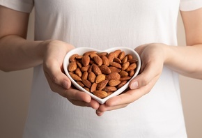 nuts, heart shaped bowl, almonds
