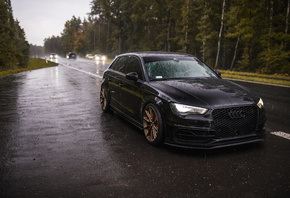 Audi, Audi RS3, RS3, Black, Rain, Road