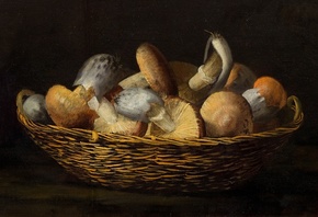 Still life with mushrooms in a wicker basket, Simone del Tintore, Italian