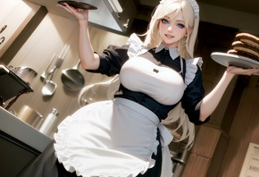 Stable Diffusion, AI art, blonde, women, maid outfit, maid, dress, kitchen, realistic, blue eyes, smiling, apron