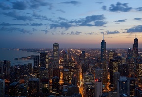 city, lights, USA, Chicago, lllinois, twilight, skyline, sky, sunset, night, clouds, lake, evening, dusk, buildings, horizon, skyscrapers, skyscraper, cityscape, United States of America