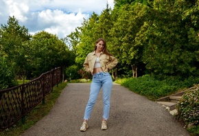 nature, , road, model, trees, sky, jeans, white tops, denim jacket, brunette, clouds, sneakers, pierced navel