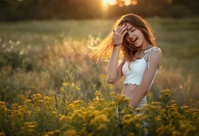 , field, model, women outdoors, blouse, brunette, white tops, closed eyes, smiling, flowers, plants, nature