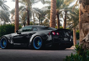 Black, Nissan, GTR, Road, Palm Trees, Blue Rims