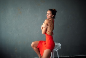 , Dmitry Shulgin, red dress, brunette, tight dress, women indoors, model, wall