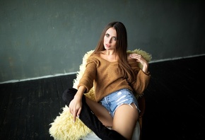 Dmitry Shulgin, , green eyes, model, sweater, women indoors, jean shorts, brunette, chair, sitting, long hair
