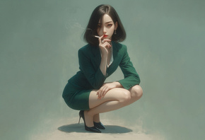 Blazer, Asian, AI Art, brunette, , miniskirt, simple background, squatting, cigars, smoke, smoking, red lipstick