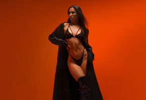 Yury Semenov, studio, black lingerie, black panties, women indoors, brunette, , ass, trench coat, model, hips, orange background, belly button, black bras