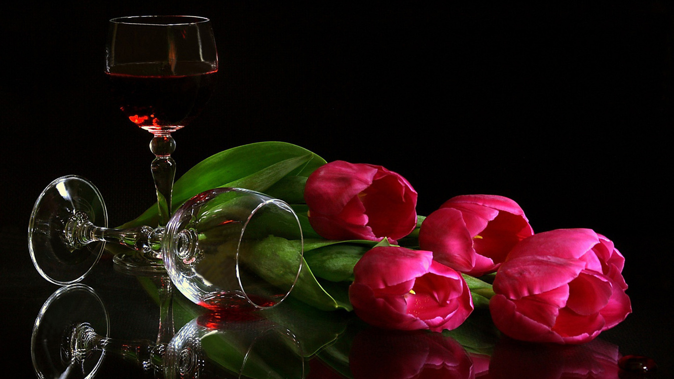 wallpapers wine glasses, Still life, tulips, flowers, photo