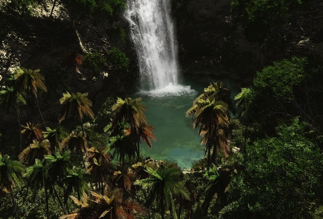 водопад, шум, тропические растения