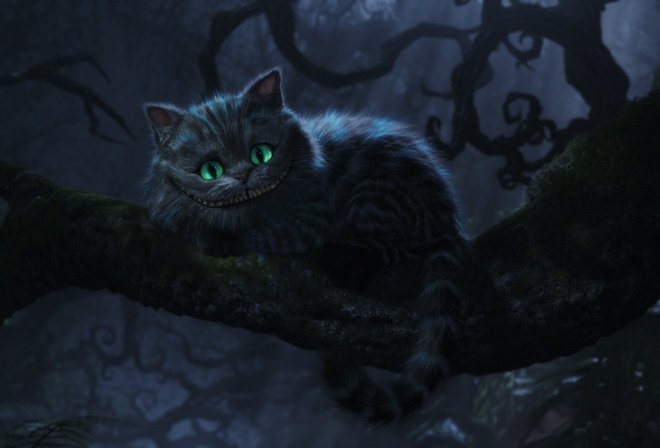 Алиса в стране чедес, чеширский кот, улыбка, взгляд, на ветки дерева, ночь