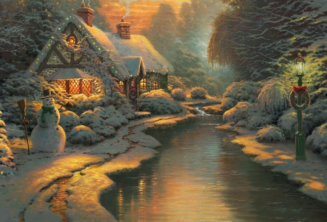 christmas evening, new year, thomas kinkade, christmas, 