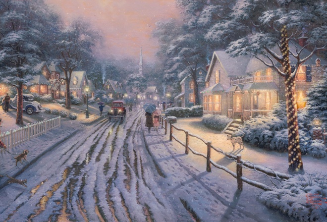winter, painting, nice, art, snow, christmas, picture, thomas kinkade, Hometown christmas memories