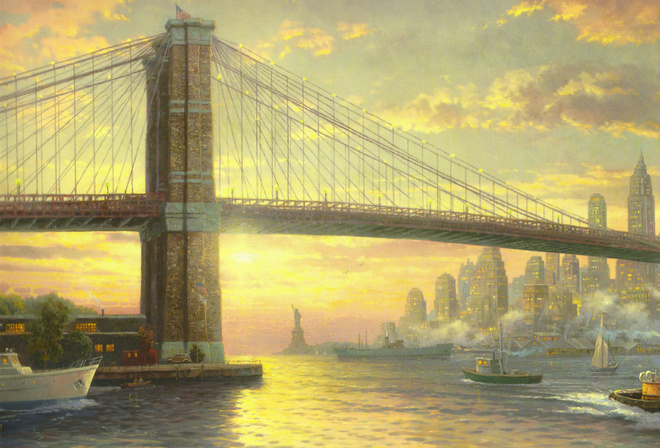 The spirit of new york, new york, bridge, thomas kinkade, usa, flag, city, painting