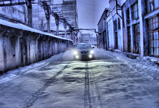 следы, снег, зима, Mazda 6