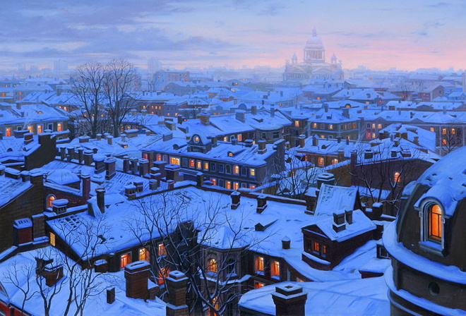 houses, roofs, st petersburg, st petersburg roofs, Eugeny lushpin, snow, winter, evening