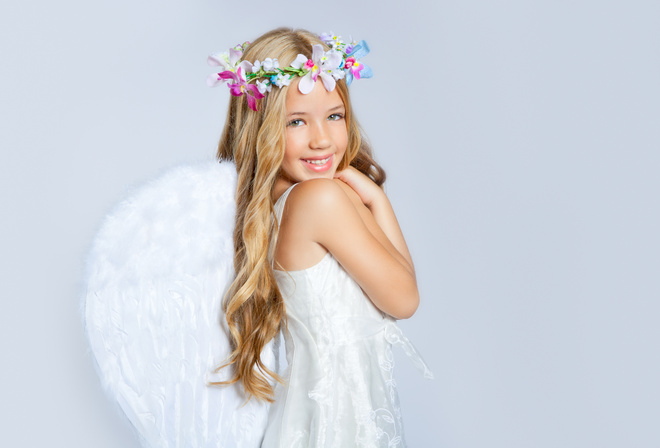 wings, children, happiness, angel, Beautiful little girl, crown of flowers, childhood, child