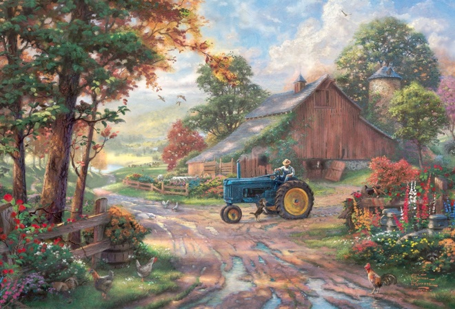 animals, Summer heritage, dog, barn, painting, summer, thomas kinkade, tractor, kinkade, farm, man