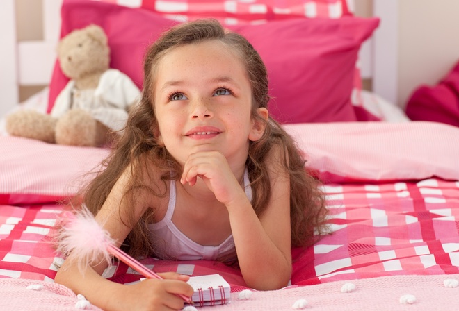 teddy bear, bed, notebook, childhood, pen, lovely, children, cute, Dreamy little girl, child