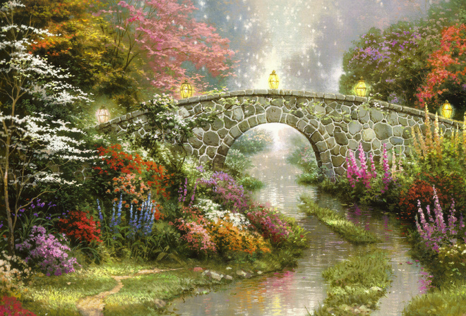 Stillwater bridge, beautiful, magic, thomas kinkade, lamps, bridge, painting, flowers, nature