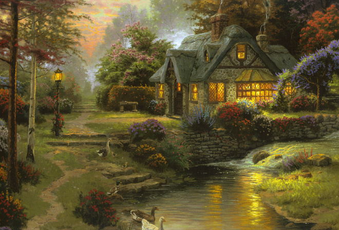  , painting, art, cottage, thomas kinkade, Stillwater cottage