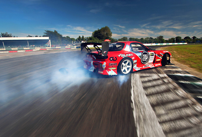 tuning, drift, red, competition, sportcar, sky, rx-7, smoke, mazda