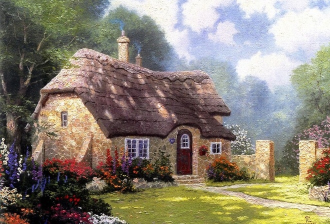 Cottage in the forest, cottage, summer,  , thomas kinkade, painting