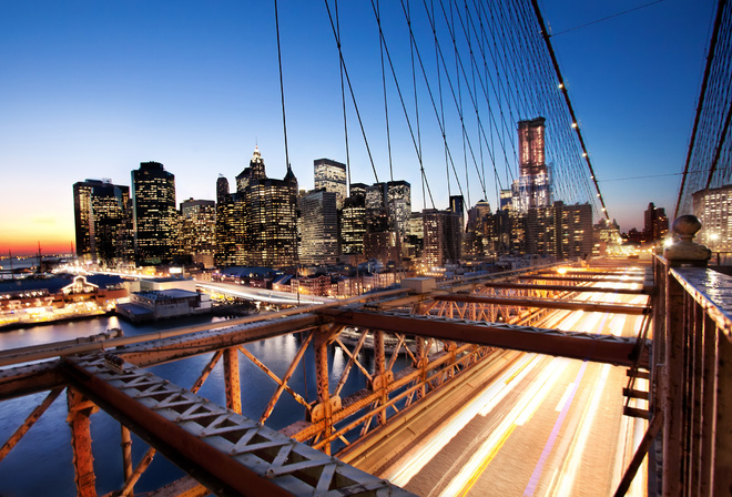 , usa, nyc, New york, -, brooklyn bridge, sunset, financial district