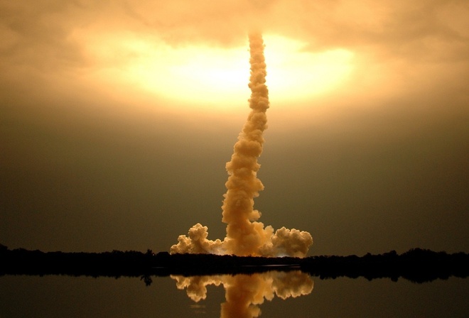 rocket, lake, sky