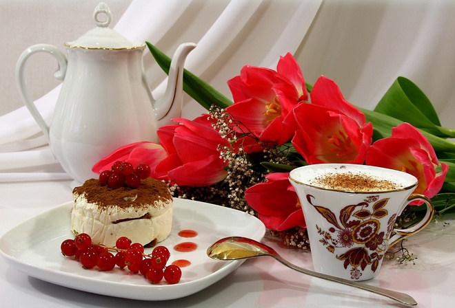 coffee, red tulips, Cake, cappuccino, , cup, red, flowers, tulip, 