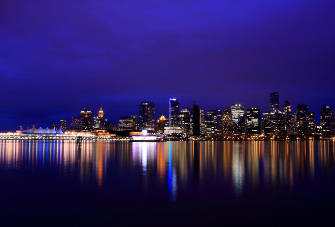 reflection, night city, british columbia, lights, Canada, vancouver, , river
