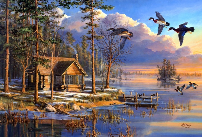 mary pettis, flying, Spring arrivals, sunrise, spring, lake, forest, house, painting, ducks