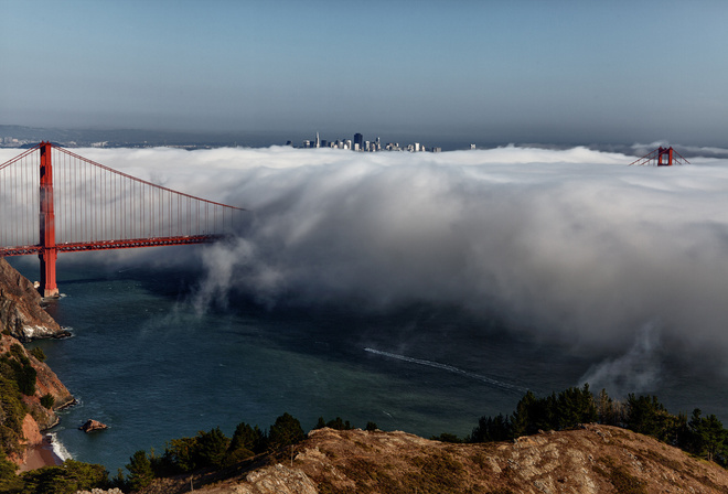 город, Сан-Франциско, San Francisco, Калифорния, США, мост Золотые Ворота, Golden Gate вridge, висячий мост, туман