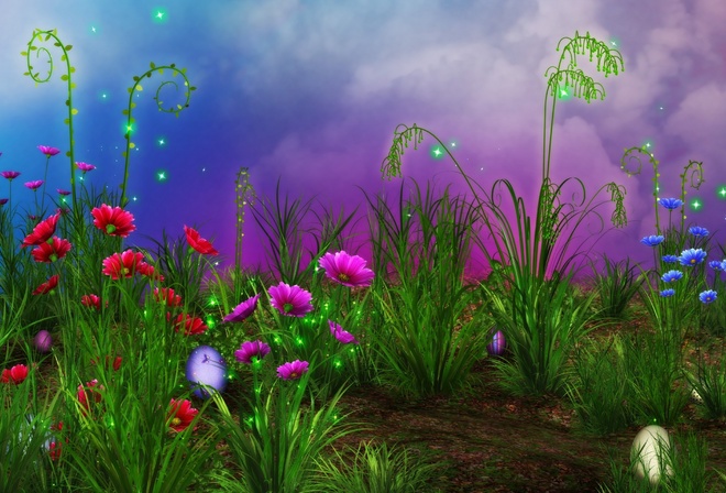 Flowers, sparkes, grass, rendering, , , ,  