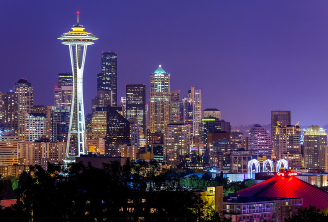 city, , Usa, space needle, lights, violet, washington, sky, seattle, night