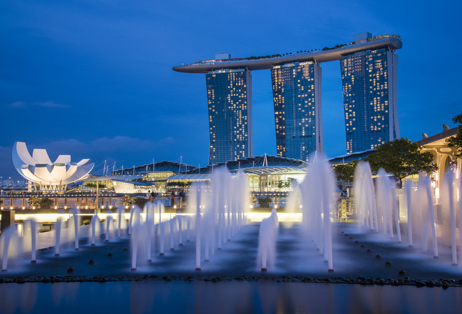 blue, Singapore, fountains, gardens by the bay, skyscrapers, night, architecture, sky, lights