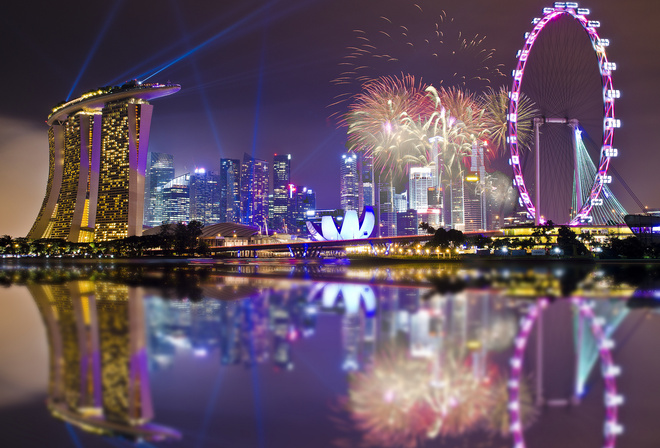 night, holiday, lights, Singapore, gardens by the bay, skyscrapers, reflection, sky, architecture