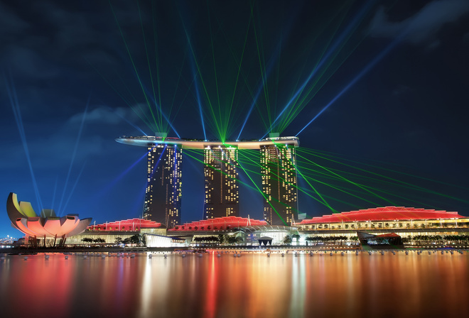 gardens by the bay, architecture, night, reflection, lights, bay, Singapore, sky, skyscrapers