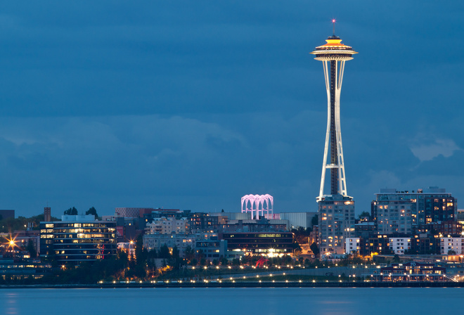 city, bay, seattle, lights, space needle, , washington, Usa, evening, 