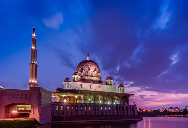 Malaysia, clouds, evening, strait, sunset, mosque, purple, , putrajaya, lights, sky