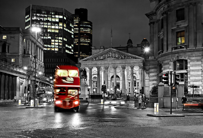 black and white, , blur, road, London, england, night, city, bus, street, lights