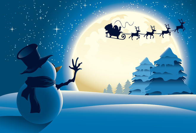 snowman, snow, - ,   , ,  , , -, , ,  , Santa Claus is Coming, Merry Christmas, trees, new year, snow, Santa sleigh, , snowman, stars, full moon, Reindeer,  