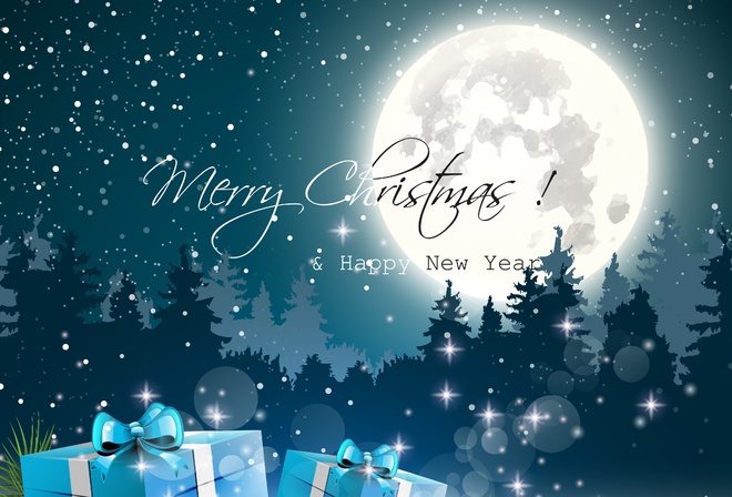 happy new year, merry christmas, christmas tree, full moon, gift box, snow, art,   ,   ,  ,  ,  , , 