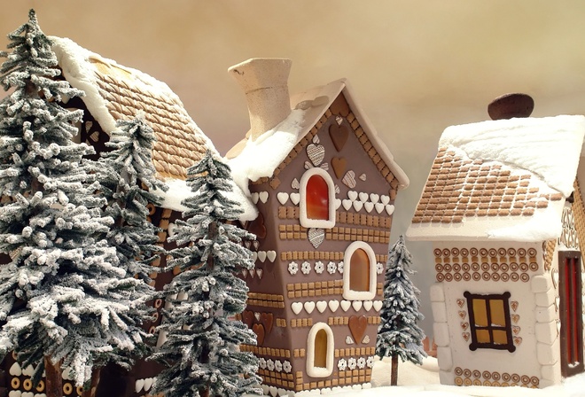 Новый год, лес, сладости, снег, деревня, домики, деревья, сказка, зима, новый год