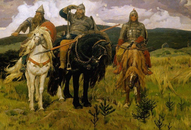 картина, Васнецова, три богатыря, ель, лошадь, небо
