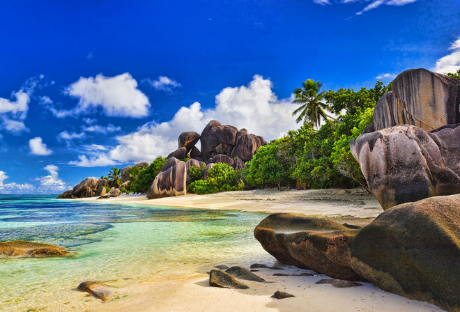 сейшельские острова, тропики, пляж, природа, лето, индийский, океан, пальмы, красиво, небо, облака, Seychelles, tropical, beach, nature, summer