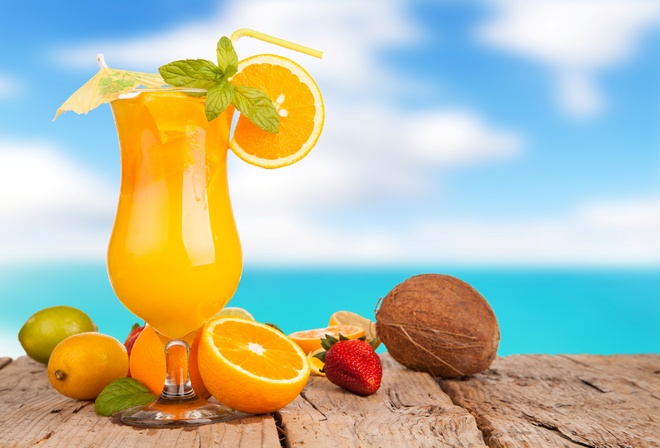сок, апельсины, лайм, лимон, клубника, кокос, вкусно, лето, фон, море, небо